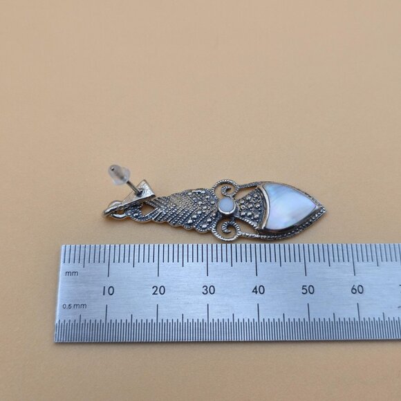 Sterling Silver Worn Shell Long Rustic Dangle Earrings A5228 - Picture 4 of 5